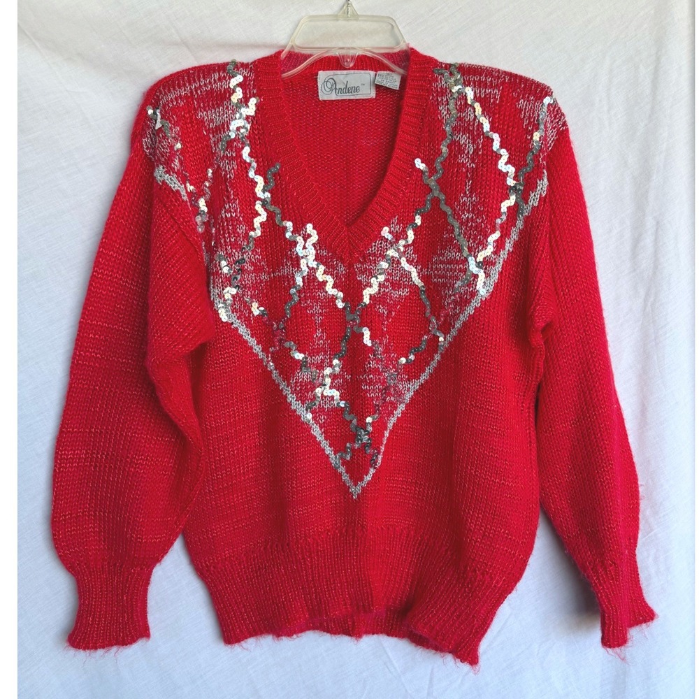 80s Vintage Andene Grandma Sweater Red Silver Sequin Metallic Holiday Large